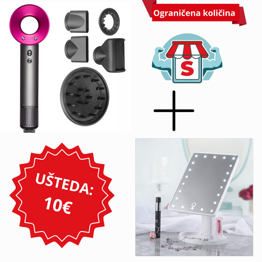 Ogledalo za šminkanje + Sušilo za kosu s 5 nastavaka